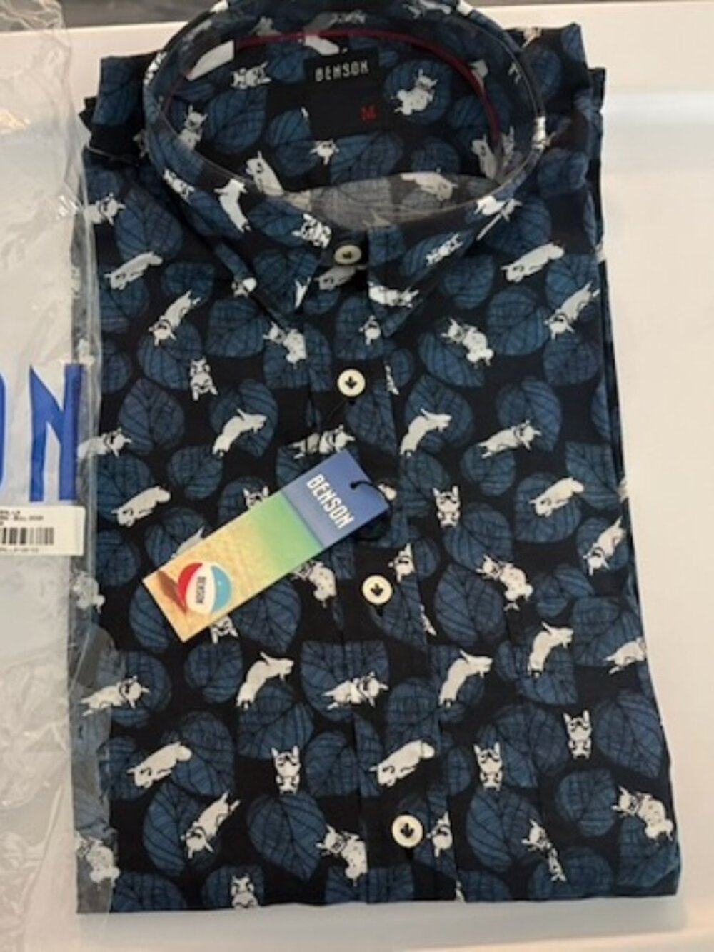 NWT BENSON Navy French Bull Dog  L/S Cotton Poplin Shirt - M